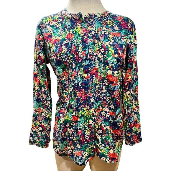 Talbots Popover Long Sleeve Floral Top Pin Tuck Collar Size Petite Medium - Picture 2 of 8
